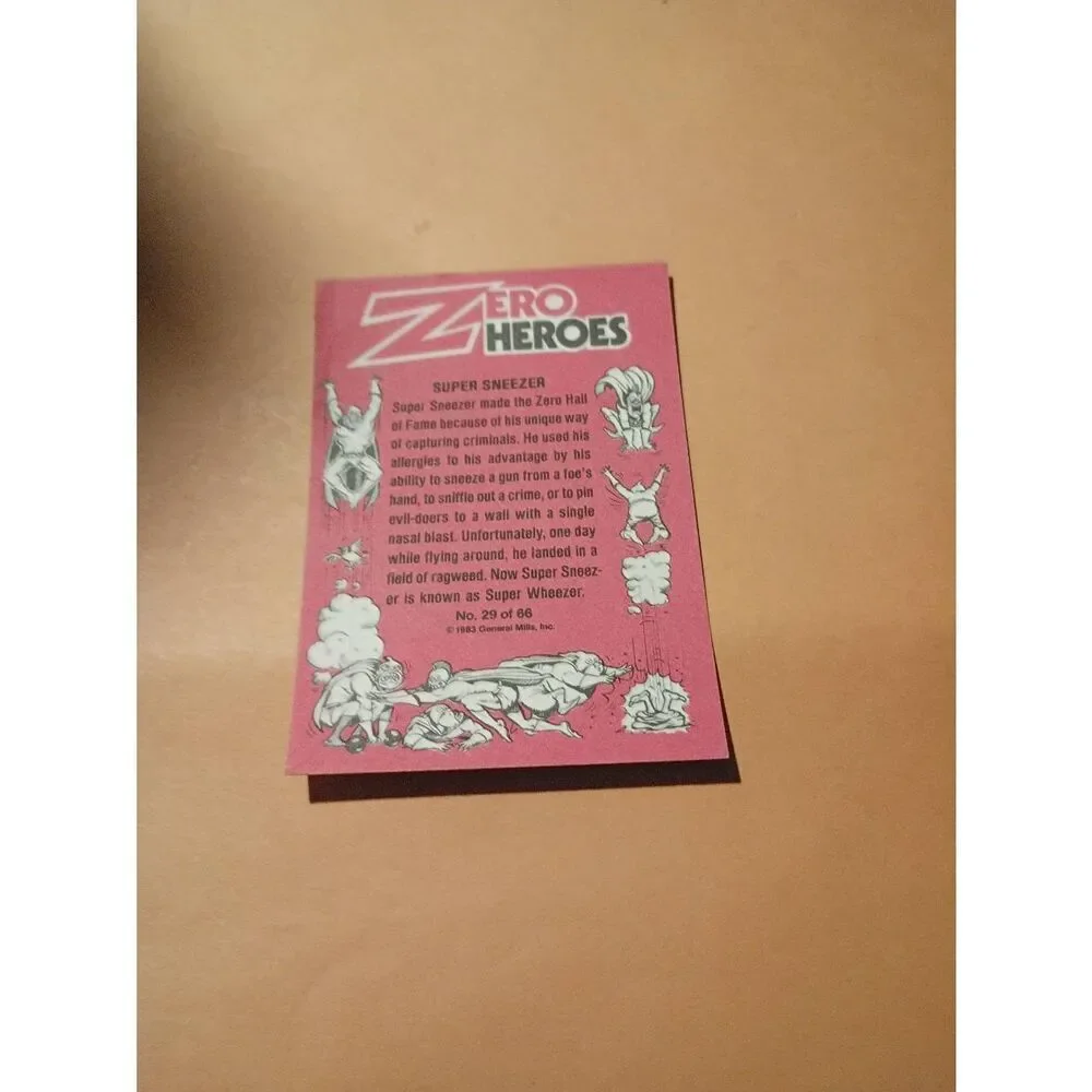 1983 General Mills Zero Heroe Trading Card Sticker Card Vintage 29 Super Sneezer